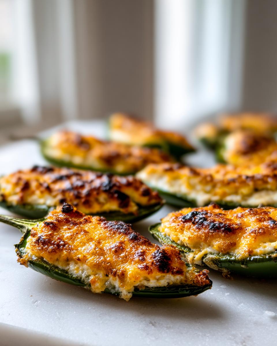 Close-up of freshly baked jalapeño poppers filled with creamy cheese and topped with browned, melted cheddar.