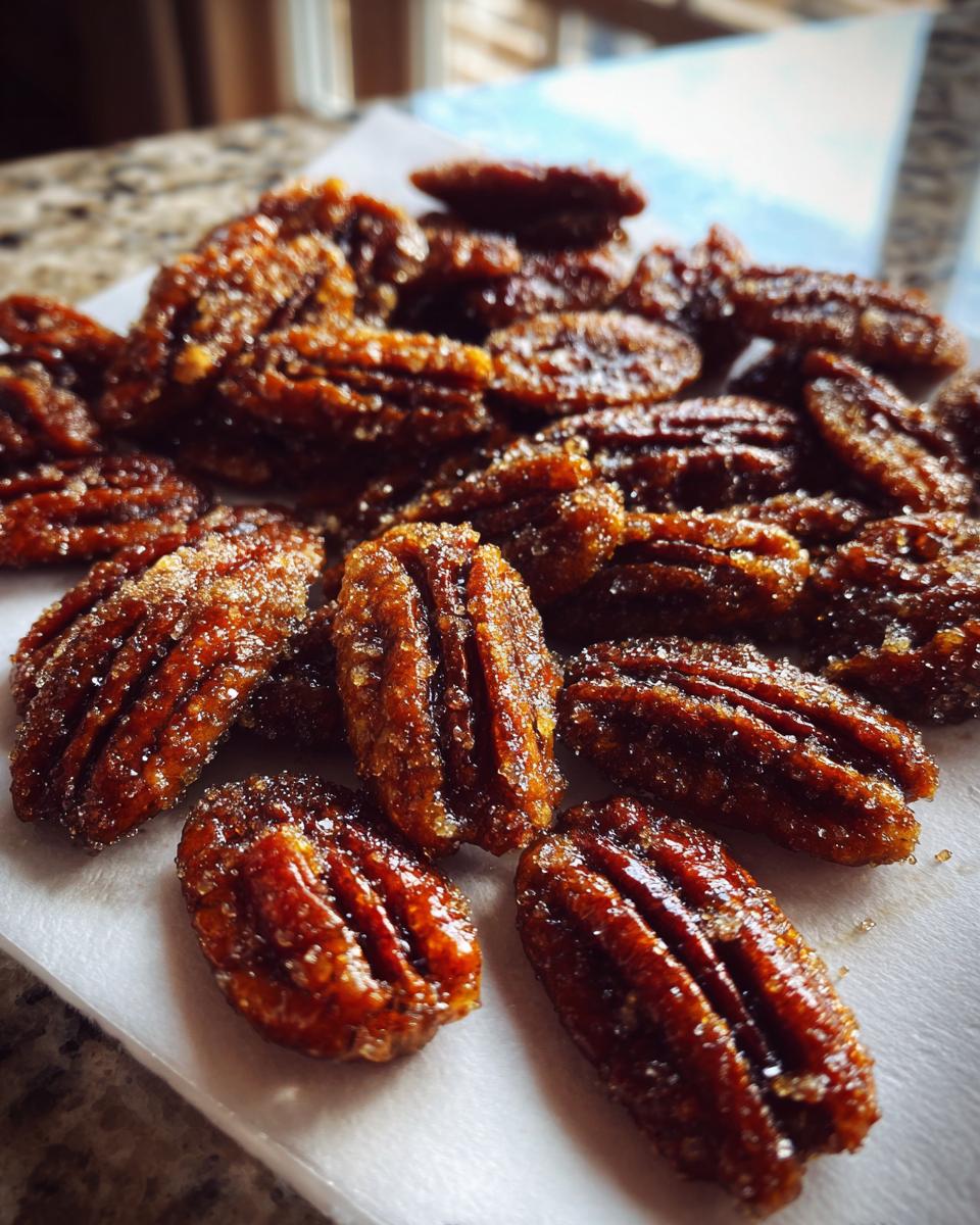 Close-up of glistening, brown candied pecans cooling on a white paper towel.