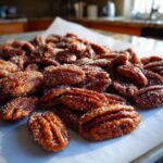 A close-up of freshly made candied pecans coated in sparkling sugar crystals resting on parchment paper.
