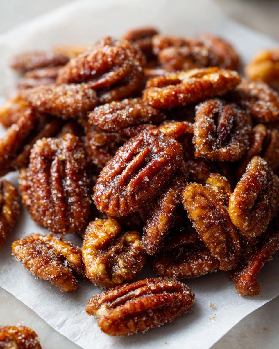 A close-up pile of freshly made candied pecans coated in sparkling sugar crystals.