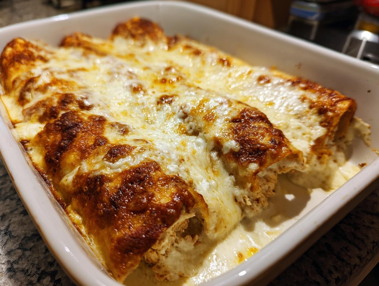 Close-up of freshly baked chicken enchiladas covered in bubbly, browned cheese in a white baking dish.