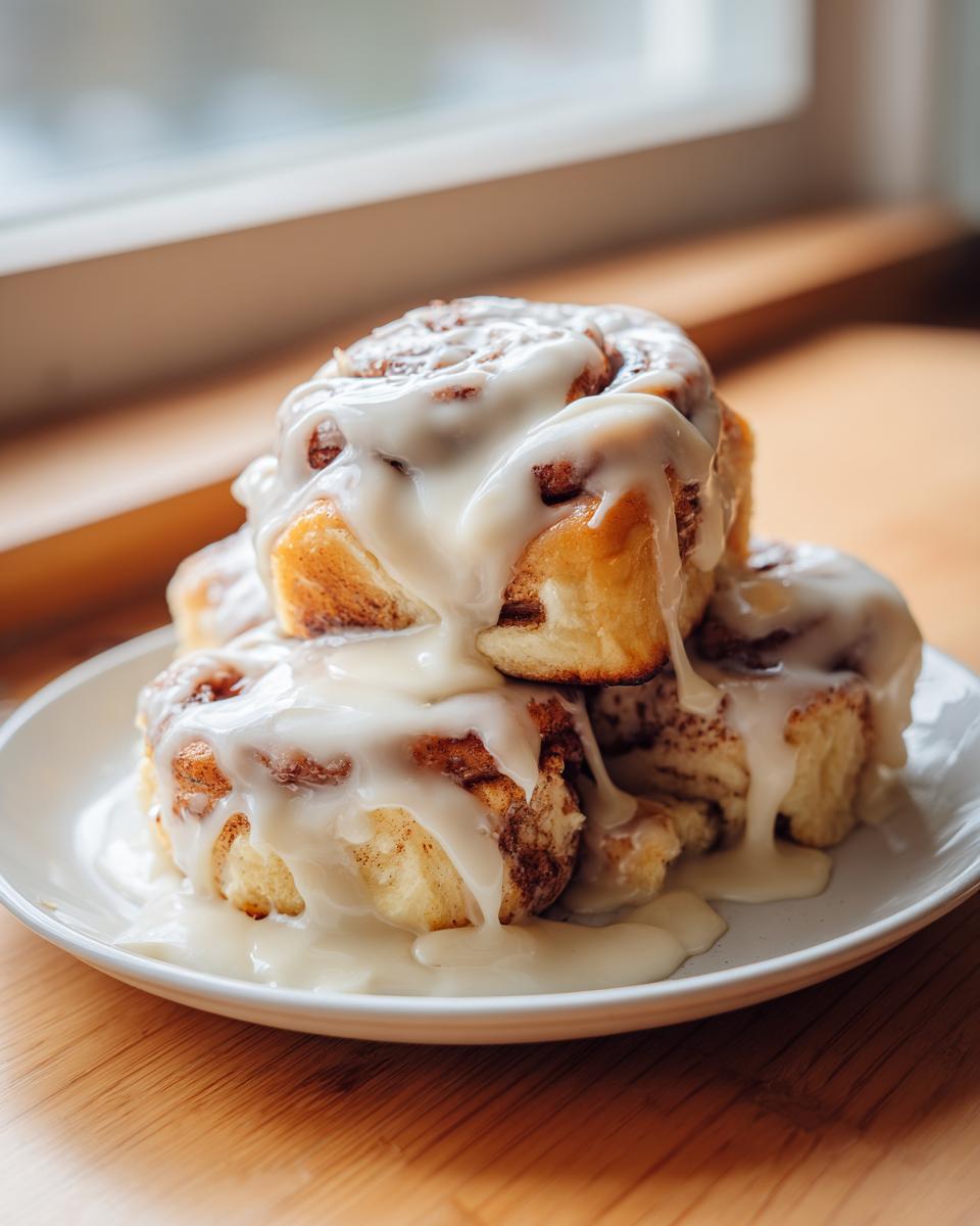 A stack of freshly baked cinnamon rolls generously covered in thick white icing, sitting on a white plate.