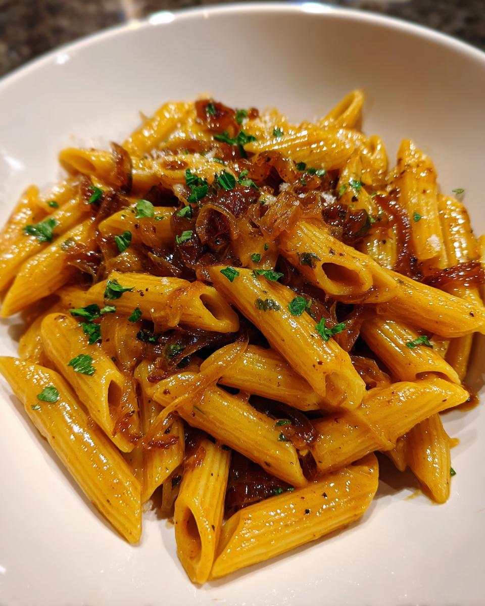 Close-up of penne pasta coated in a rich sauce with caramelized onions, garnished with parsley, representing french onion pasta.