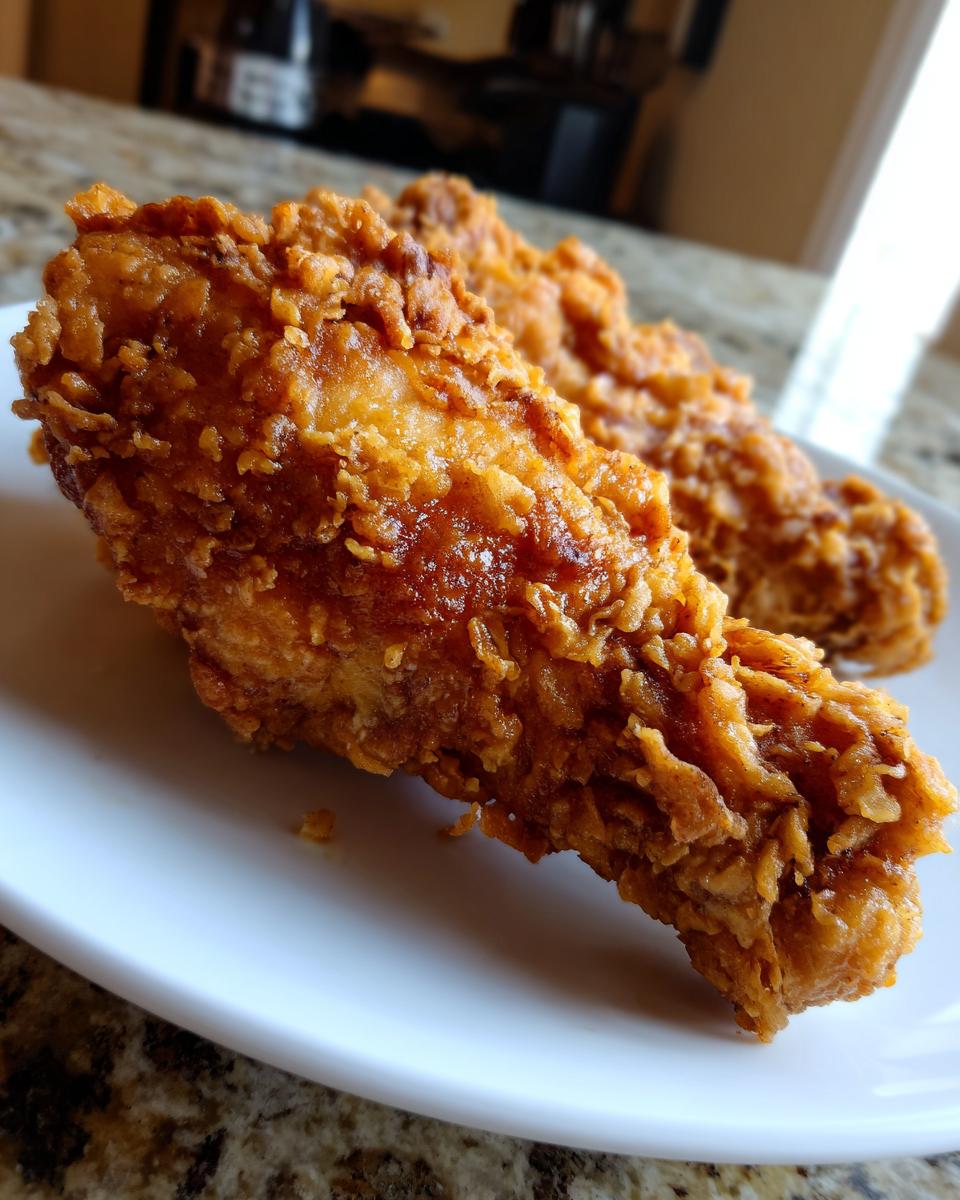 Close-up of two pieces of perfectly crispy, golden brown fried chicken on a white plate.