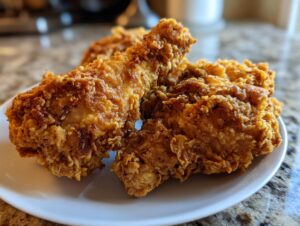 Close-up of three pieces of golden brown, crispy fried chicken resting on a white plate.