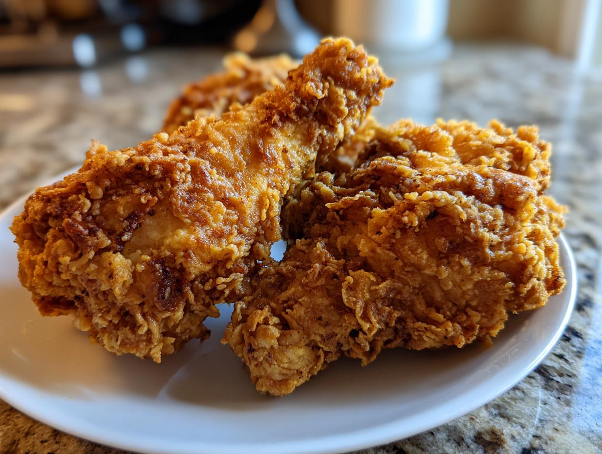 Close-up of three pieces of golden brown, crispy fried chicken resting on a white plate.