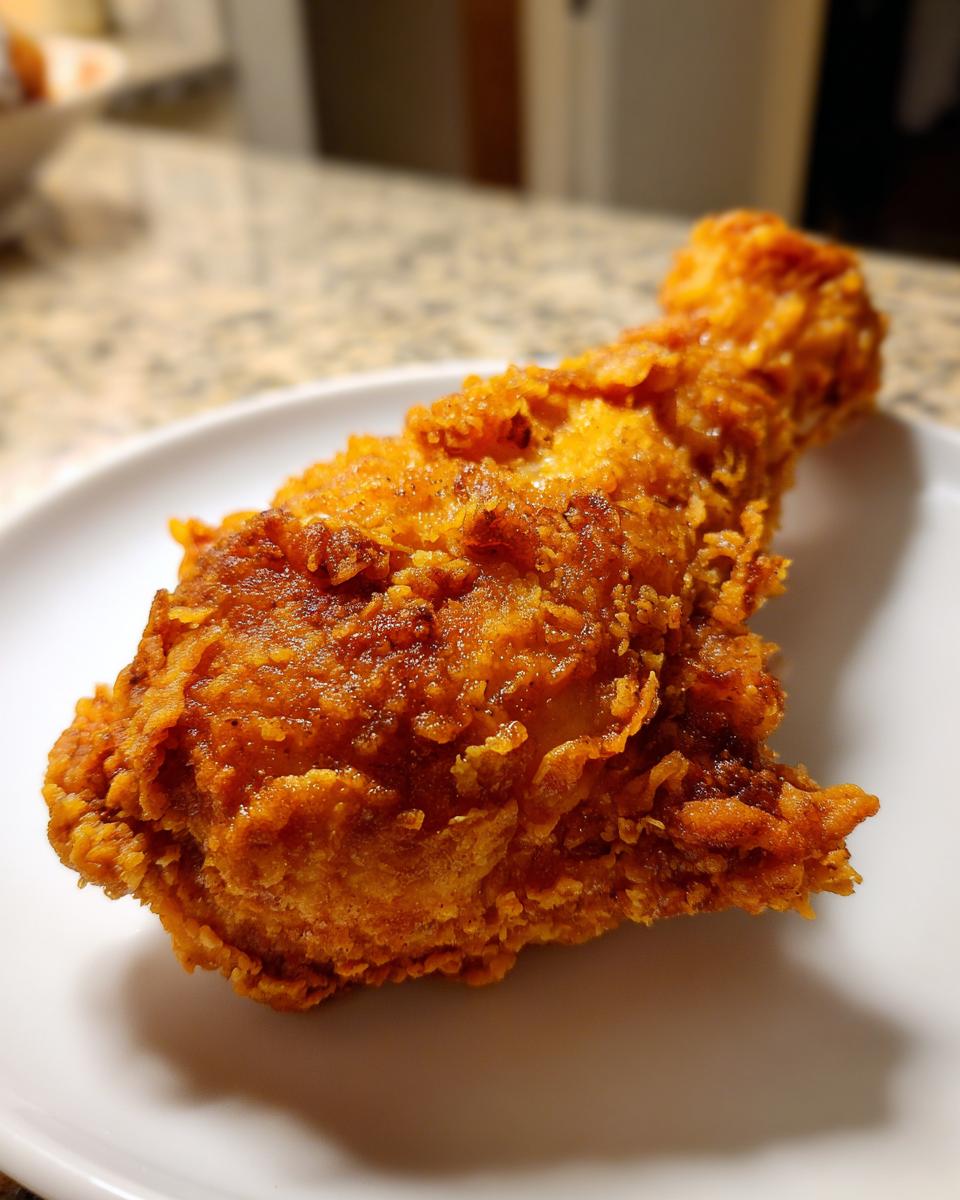 Close-up of a golden-brown, crispy piece of fried chicken drumstick resting on a white plate.
