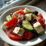 Close-up of a fresh greek salad featuring large chunks of feta, tomatoes, cucumbers, and Kalamata olives, seasoned with herbs.