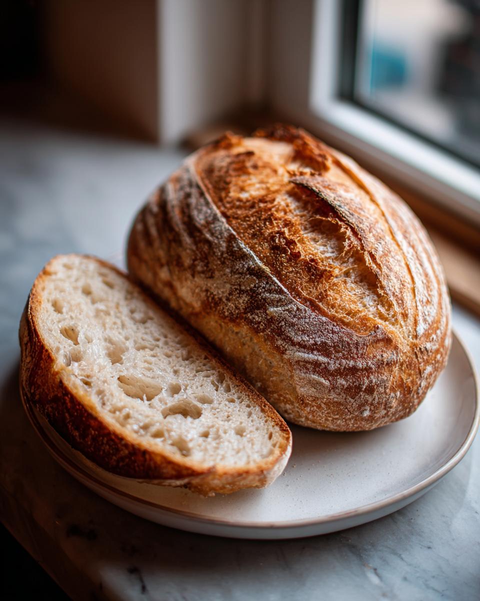 A rustic, golden-crusted loaf of Italian bread, partially sliced, resting on a plate.
