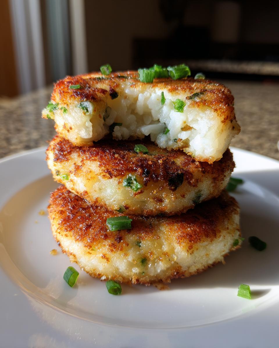 A stack of three golden brown mashed potato cakes, with the top one broken open to show the fluffy interior and green herbs.