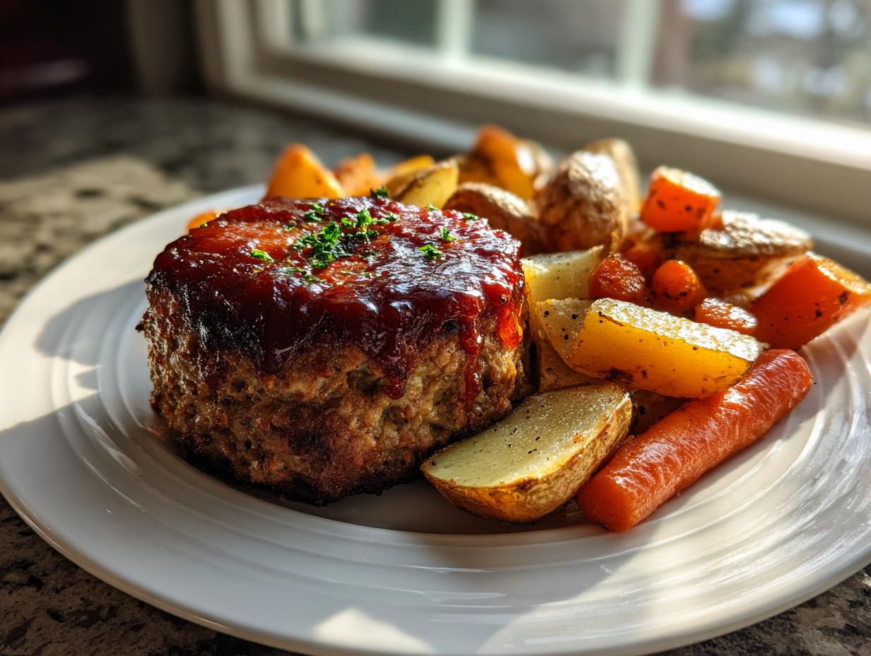 A single, perfectly round mini meatloaf topped with a thick glaze, served alongside roasted potatoes and carrots.