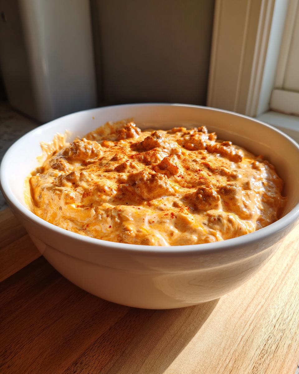 Close-up of a creamy, orange-colored sausage cheese dip topped with paprika in a white bowl.