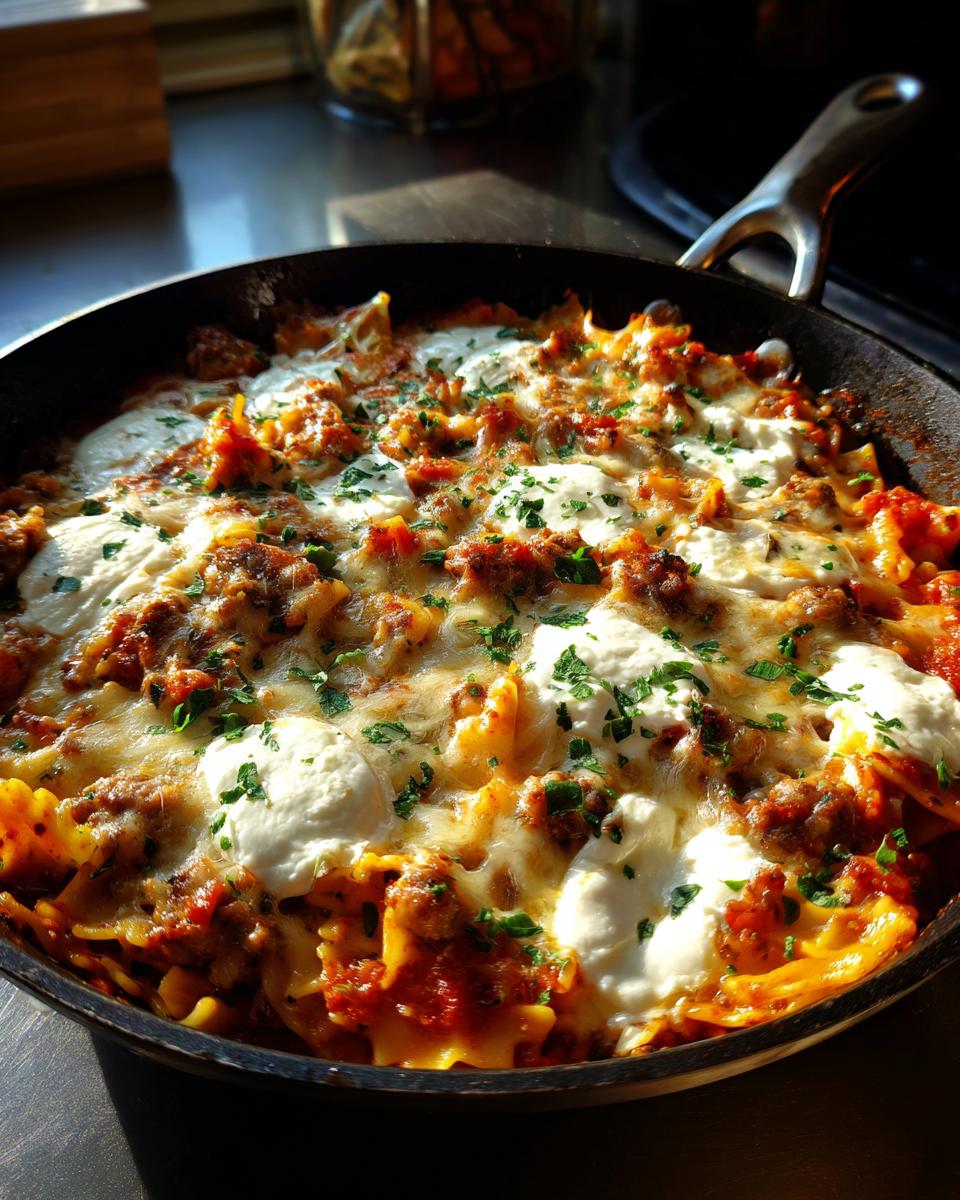 Close-up of delicious skillet lasagna topped with melted mozzarella, dollops of ricotta, and fresh parsley in a black pan.