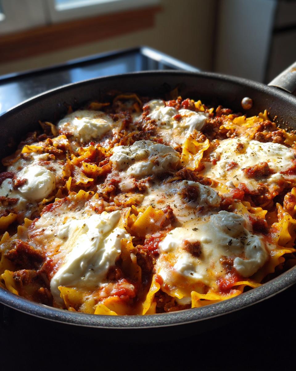 Close-up of bubbling skillet lasagna in a dark pan, topped with dollops of ricotta cheese and herbs.