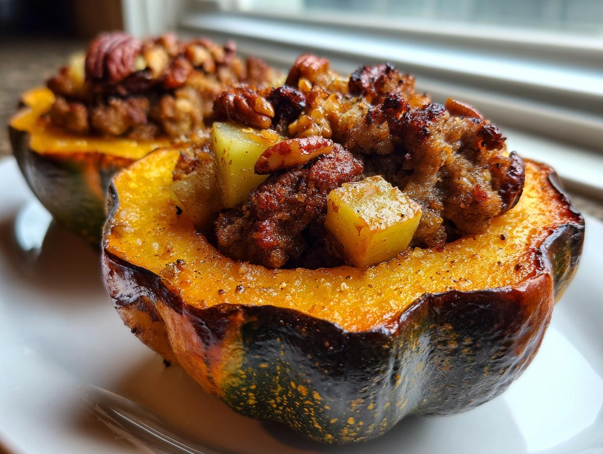 Close-up of a roasted stuffed acorn squash half filled with savory stuffing, apples, and pecans, ready for an amazing stuffed acorn squash dinner.