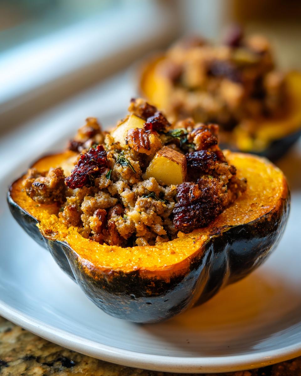 A close-up of a baked acorn squash half filled with savory stuffing, featuring nuts and dried fruit, perfect for a stuffed acorn squash dinner.