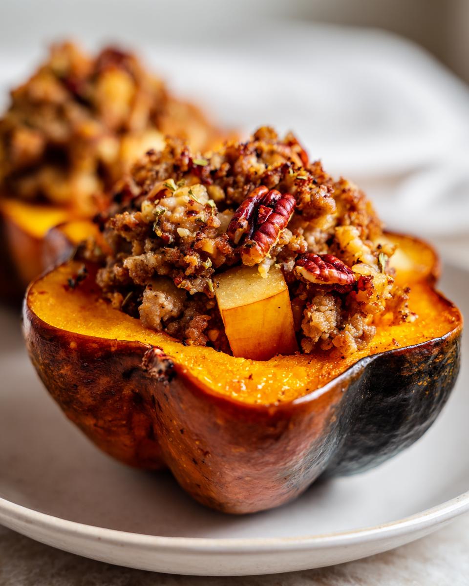 A close-up of a baked stuffed acorn squash half filled with savory stuffing and topped with a pecan.