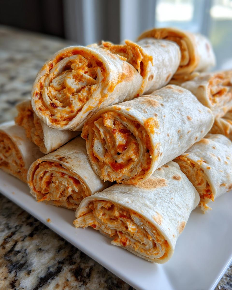 A stack of freshly made taco pinwheels showing the creamy, orange-colored filling rolled tightly in tortillas.