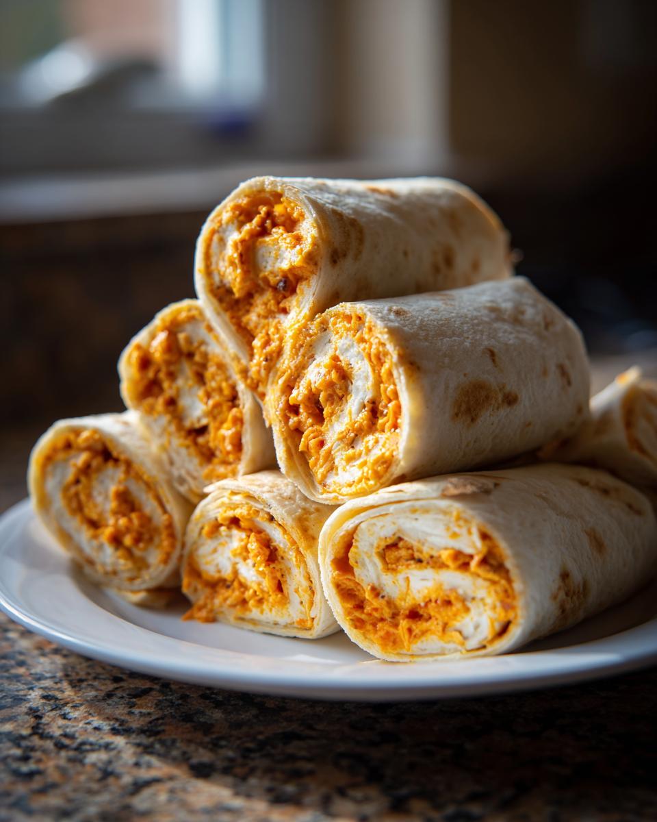 A stack of freshly cut taco pinwheels filled with orange and white creamy filling, resting on a white plate.