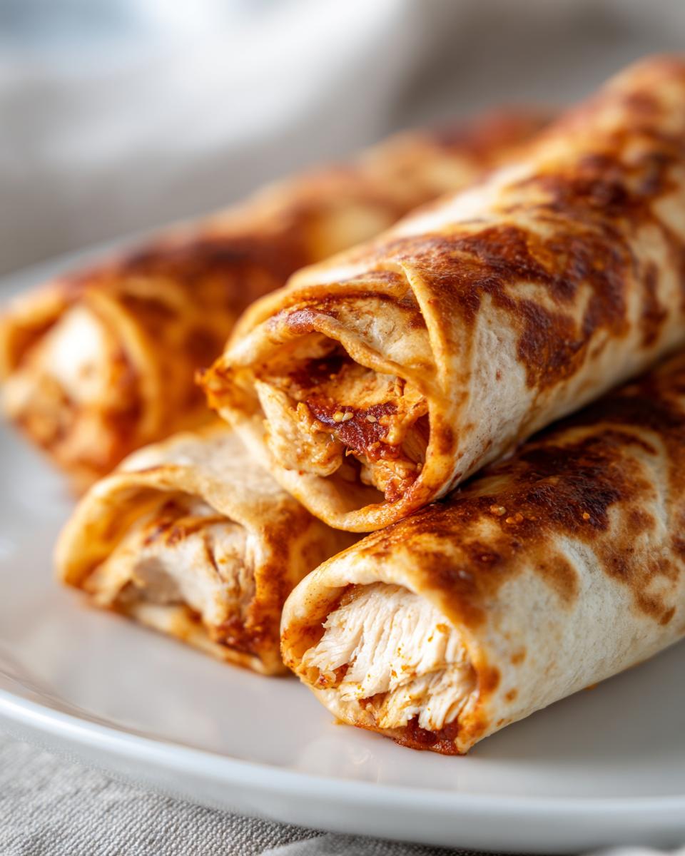 Close-up of three golden-brown Baked Chicken Chimichangas stacked on a white plate, showing shredded chicken filling.
