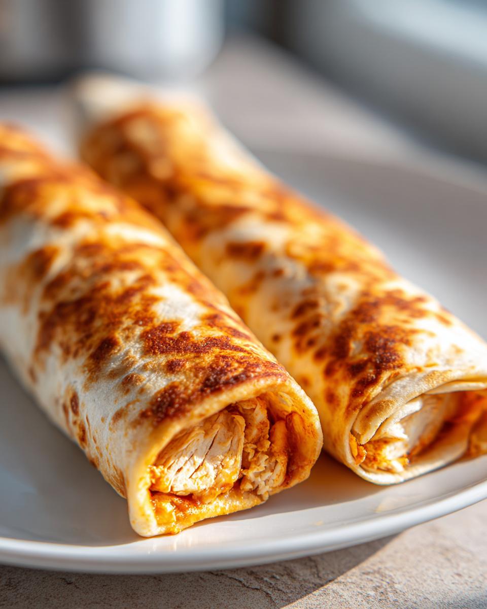 Two golden-brown Baked Chicken Chimichangas showing shredded chicken filling, resting on a white plate.