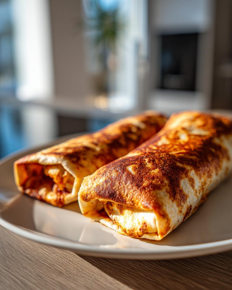 Two perfectly baked chicken chimichangas with a golden-brown, slightly crispy exterior resting on a light-colored plate.