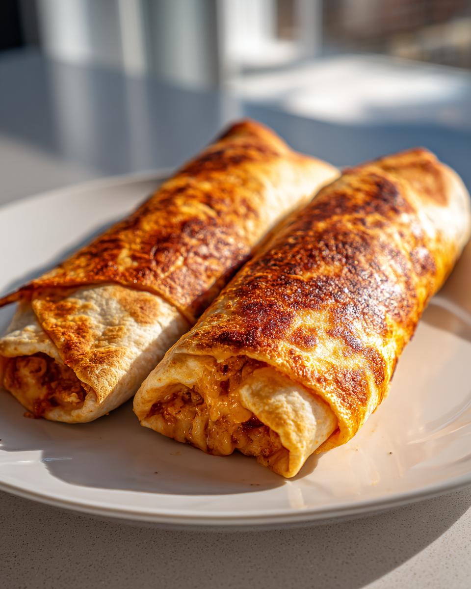 Two golden brown Baked Chicken Chimichangas, slightly open to show melted cheese filling, served on a white plate.