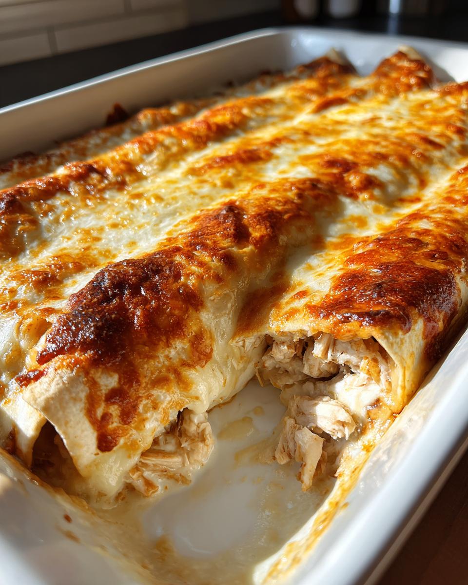 Close-up of baked chicken enchiladas in a white dish, showing shredded chicken filling where one enchilada is broken open under melted, browned cheese.