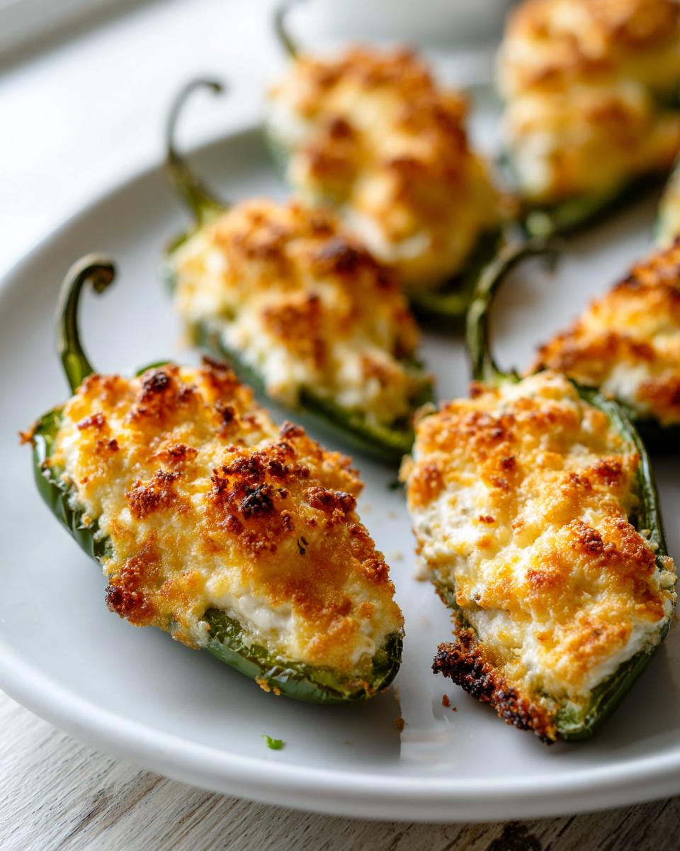 Close-up of baked jalapeño poppers stuffed with cheese filling and topped with a golden-brown crust.