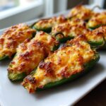 A close-up of freshly baked jalapeño poppers stuffed with creamy filling and topped with browned, melted cheese.