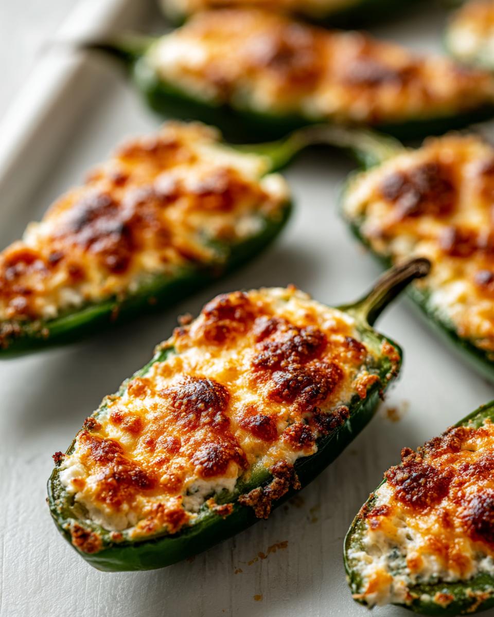 Close-up of freshly baked jalapeño poppers stuffed with cheese filling and topped with golden-brown, bubbly cheese.