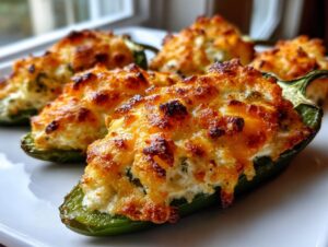 Close-up of several baked Jalapeño poppers stuffed with creamy cheese filling and topped with browned, melted cheese.