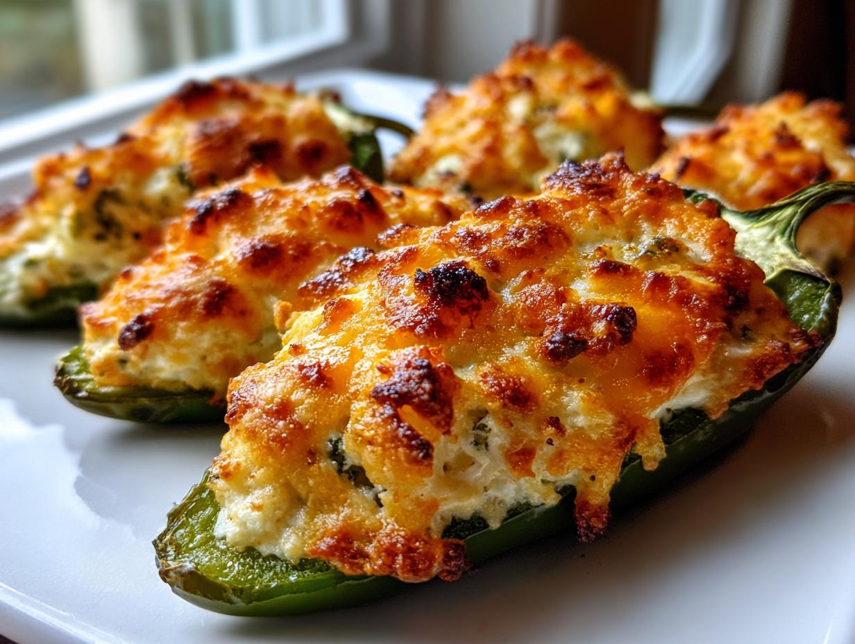 Close-up of several baked Jalapeño poppers stuffed with creamy cheese filling and topped with browned, melted cheese.