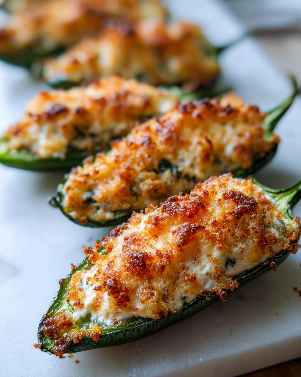 Close-up of baked jalapeño poppers stuffed with creamy filling and topped with a golden, crispy crust.