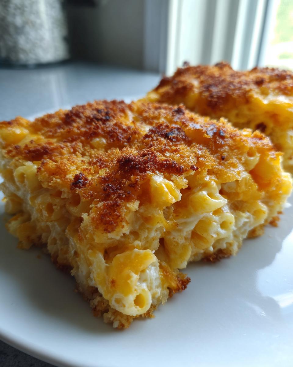 Close-up of a square portion of baked mac and cheese recipe showing creamy interior and golden brown, crispy topping.