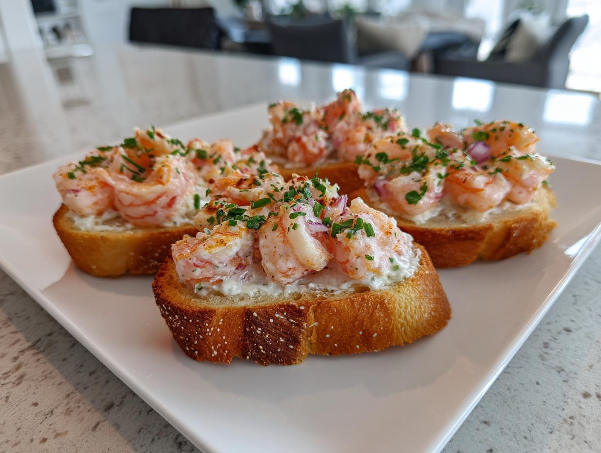 Four slices of baked shrimp toast topped with creamy shrimp salad and fresh chives, served on a white rectangular plate.