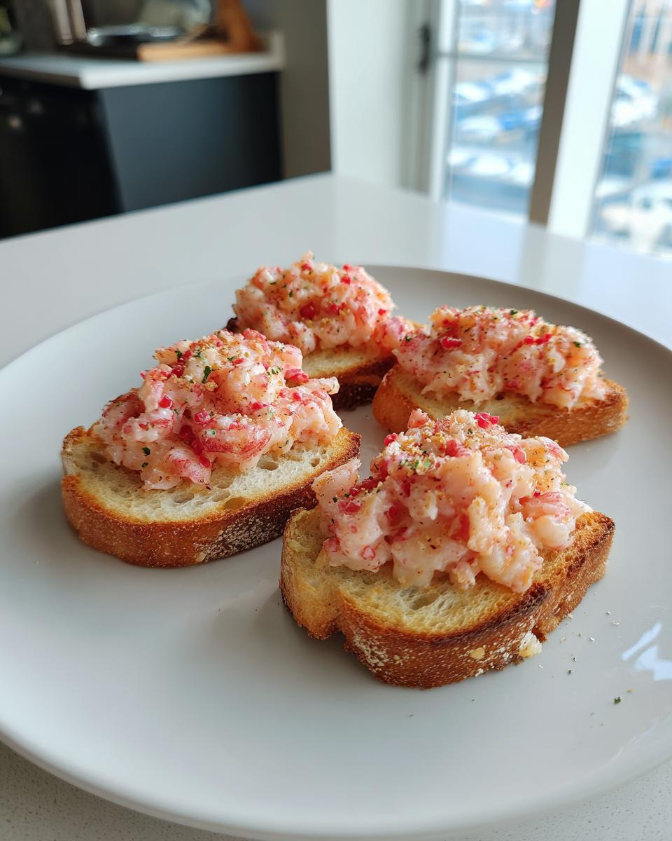 Four pieces of baked shrimp toast, topped with creamy shrimp salad and seasonings, served on a white plate.