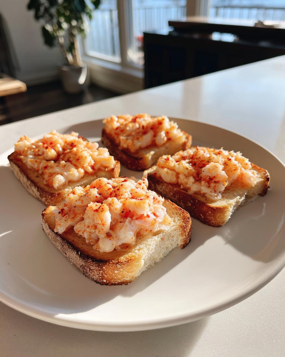 Four pieces of baked shrimp toast topped with creamy shrimp mixture and paprika, served on a white plate.