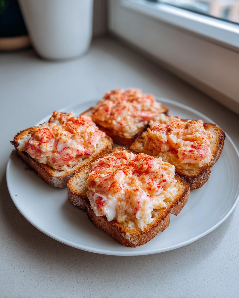 Four pieces of golden brown baked shrimp toast topped with creamy, pink shrimp mixture, served on a white plate.