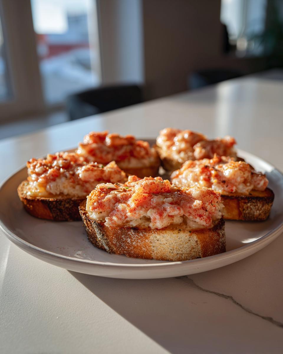 Close-up of five pieces of baked shrimp toast topped with creamy shrimp mixture and paprika, served on a white plate.