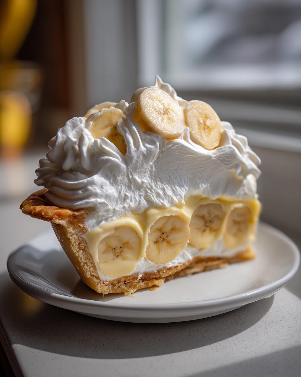 A close-up slice of banana cream pie showing layers of crust, custard, banana slices, and tall whipped cream topping.