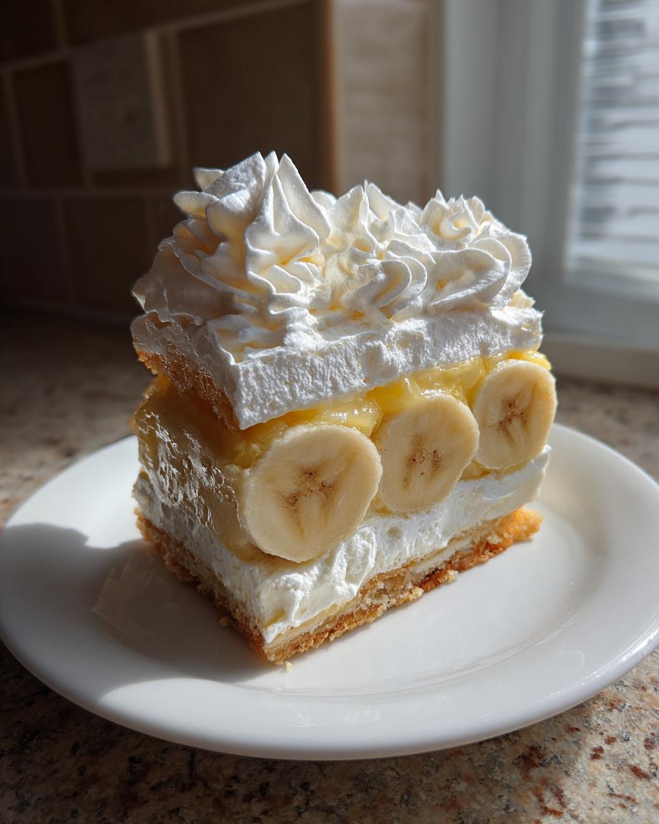 A layered square slice of banana cream pie featuring a crust, cream, banana slices, and whipped topping.