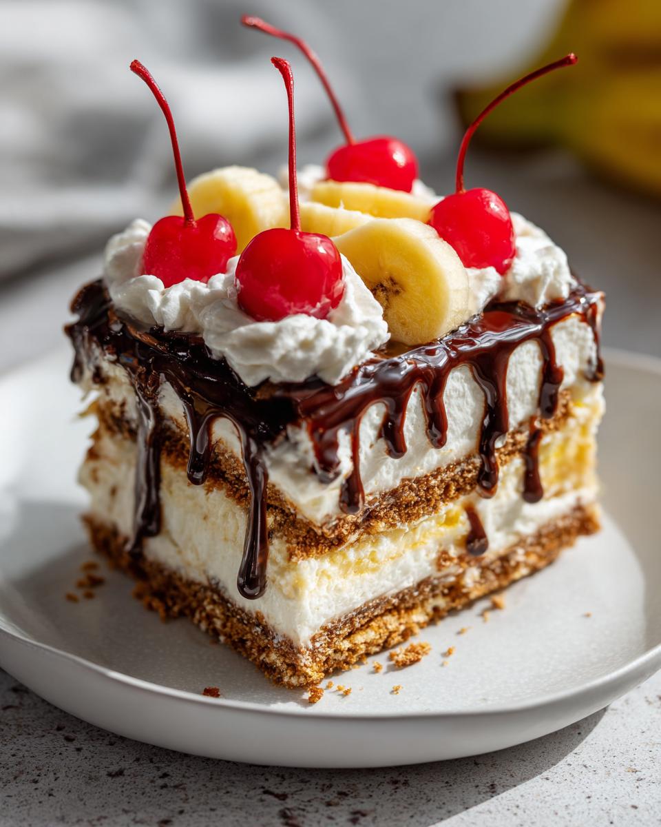 A square slice of no-bake banana split cake layered with graham crackers, cream, topped with whipped cream, banana slices, and maraschino cherries.