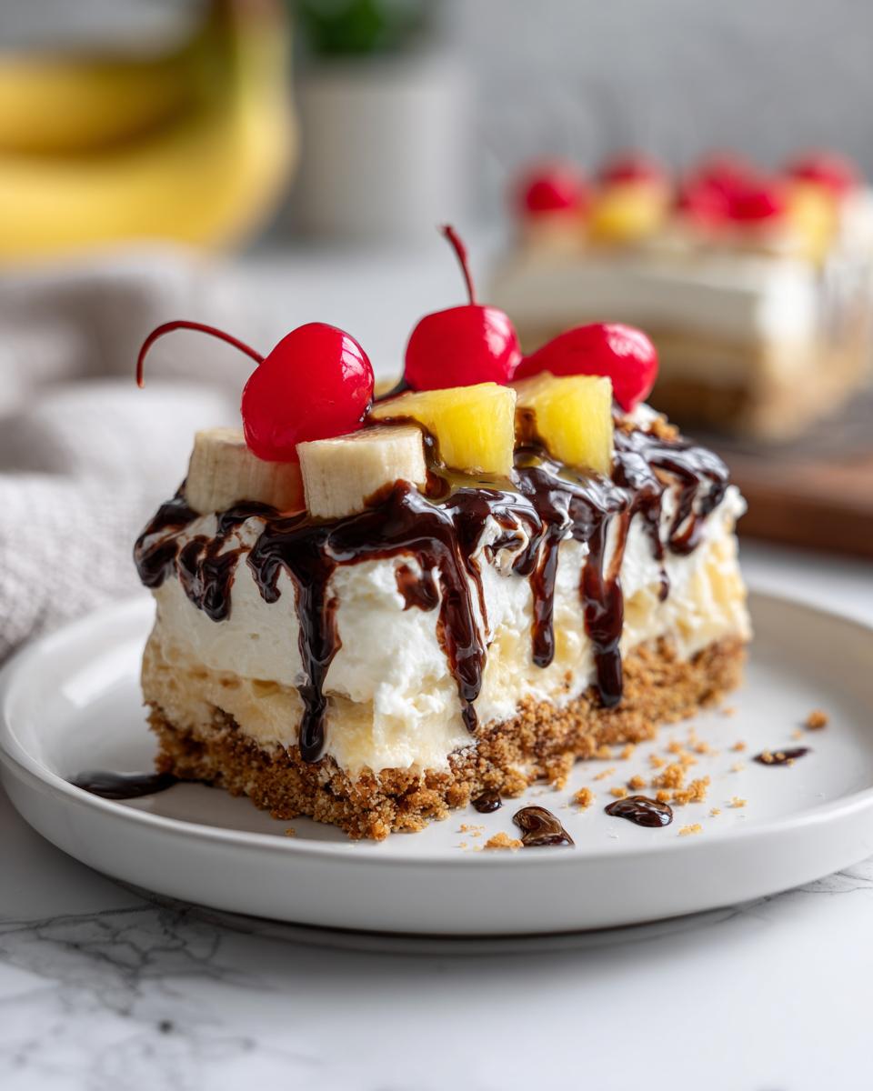 A decadent slice of banana split cake featuring a graham cracker crust, cream, bananas, pineapple, and chocolate syrup, topped with cherries.