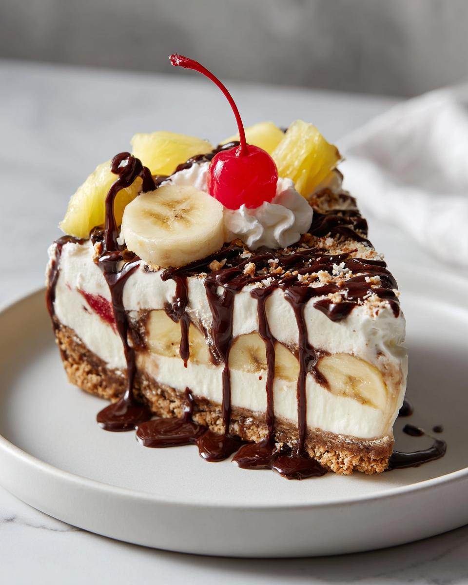 A decadent slice of banana split cake featuring layers of cream, bananas, and a graham cracker crust, drizzled with chocolate sauce and topped with a cherry.