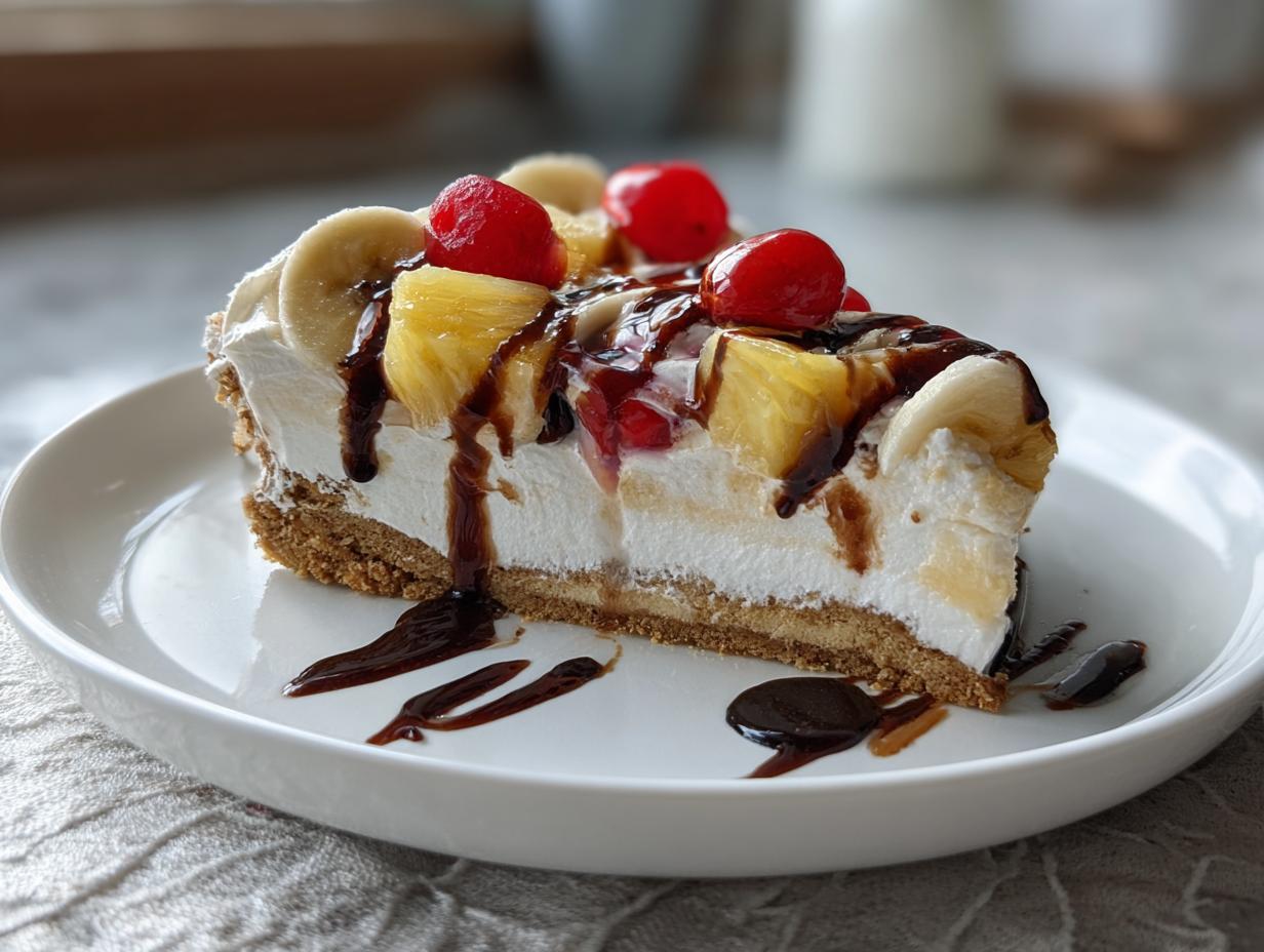 A decadent slice of banana split cake featuring whipped cream, fruit, and chocolate syrup on a white plate.