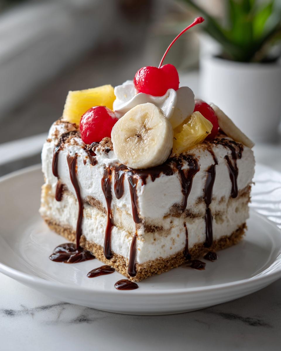 A decadent slice of banana split cake topped with whipped cream, banana slices, pineapple, cherries, and chocolate syrup.