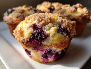Close-up of a fluffy blueberry muffin featuring a rich crumb topping and bursting blueberries inside.
