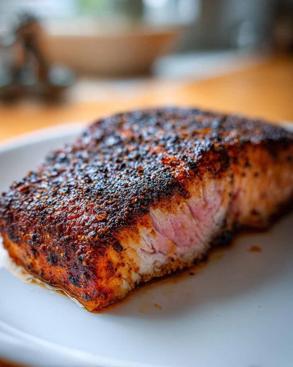 Close-up of a perfectly cooked piece of blackened salmon showing a dark, spicy crust and moist pink interior.