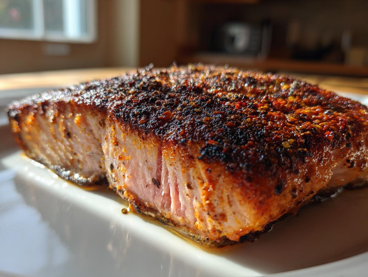 Close-up of a thick, perfectly cooked blackened salmon fillet showing the dark spice crust and moist pink interior.